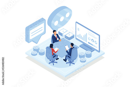 Hire an accountant. Business owner hires an accountant, recruitment process, human resources, interview with bookkeeperisometric vector modern illustration