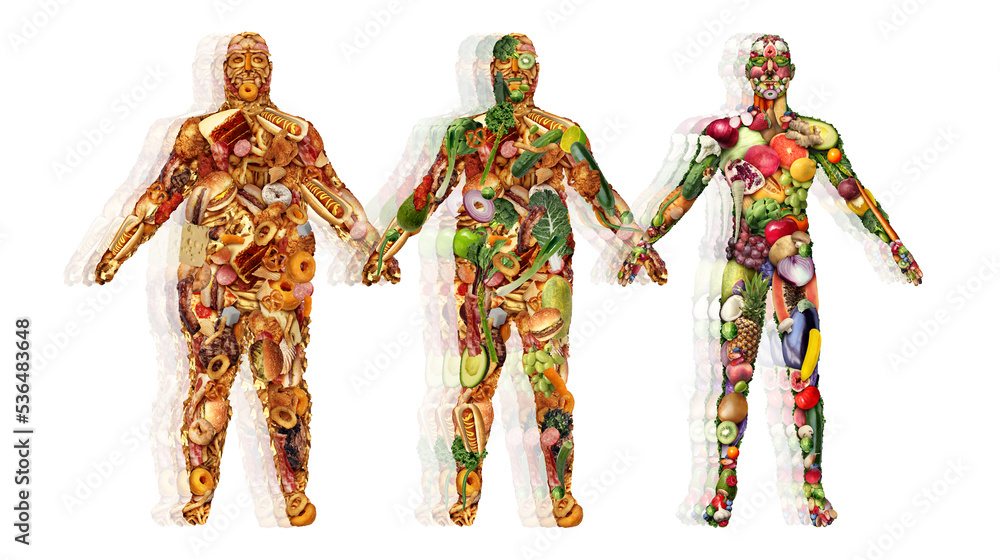 Φωτογραφία Losing weight with healthy eating and Food and health transformation as an obese overweight individual made of unhealthy junk food getting thinner with fruits and vegetables
