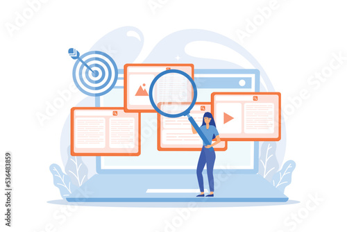 Search engine marketing business. Copywriting service, content management. Copy optimization, web text optimization, best SEO writing concept, flat vector modern illustration