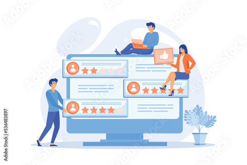 Tiny business people using rating site to vote on people on computer screen. Rating site, professional rank site, content rating page concept, flat vector modern illustration