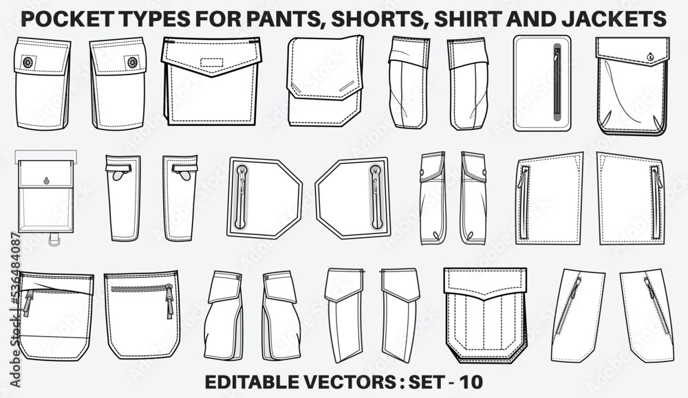 Patch pocket flat sketch vector illustration set, different types of