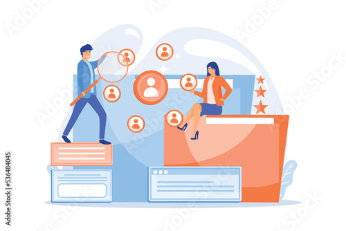 Human resourses managers doing professional staff research with magnifier. Human resources, HR team work and headhunter service concept, flat vector modern illustration