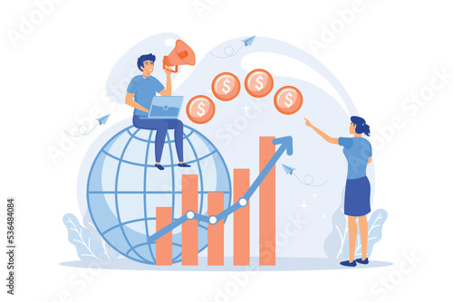 Economist with megaphone, economic growth column and market productivity chart. Economic development, world economy ranking, market economy concept, flat vector modern illustration