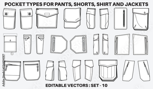 Patch pocket flat sketch vector illustration set  different types of Clothing Pockets for jeans pocket  denim  sleeve arm  cargo pants  dresses  bag  garments  Clothing and Accessories