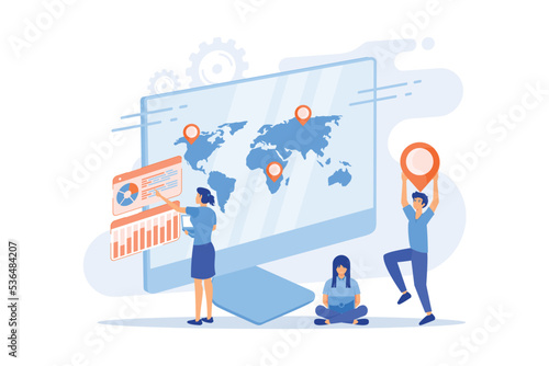 International business, company branch opening, worldwide import and export concept. Analysts team planning expansion strategy cartoon characters, flat vector modern illustration