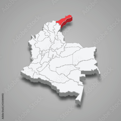 La Guajira region location within Colombia 3d map