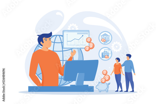 Finance analyst. Business strategy and budget planning. Financial adviser, top investment advisors, financial advisory services concept, flat vector modern illustration