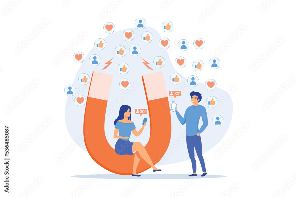 Generating new leads advertising strategy. Aiming at target audience. Attracting followers, follow us on social media, subscriber counting concept, flat vector modern illustration Generating new leads advertising strategy. Aiming at target audience. Attracting followers, follow us on social media, subscriber counting concept, flat vector modern illustration