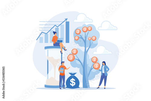 Money investing, financiers analyzing stock market profit. Portfolio income, capital gains income, royalties from investments concept, flat vector modern illustration