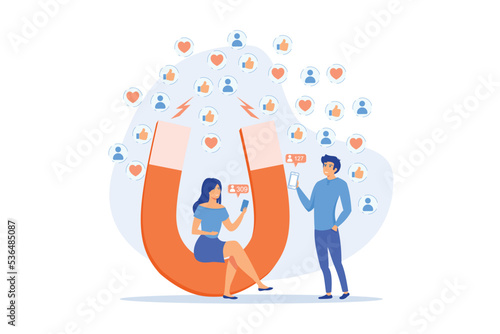 Generating new leads advertising strategy. Aiming at target audience. Attracting followers, follow us on social media, subscriber counting concept, flat vector modern illustration