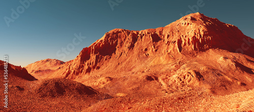 Mars planet landscape, 3d render of imaginary mars planet terrain, orange eroded desert with dramatic sky, realistic science fiction illustration.