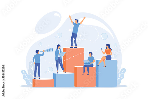 Business people work and climb the corporate ladder. Employment hierarchy, career planning, career ladder and growth concept on white background, flat vector modern illustration