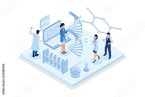 Scientists characters standing together. Science and technology concept. Can use for web banner, infographics, hero images, isometric vector modern illustration