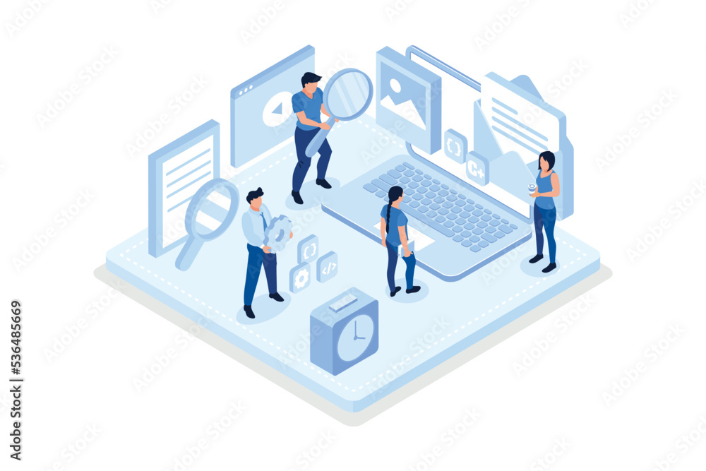 People team work together in web industry. Can use for web banner, infographics, hero images, isometric vector modern illustration