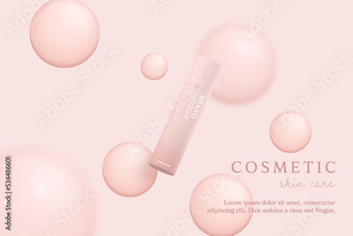 Pink cosmetic 3d background with drop of liquid bubble.