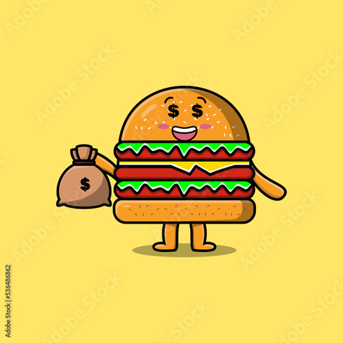 Cute cartoon Crazy rich Burger with money bag shaped funny in modern design illustration