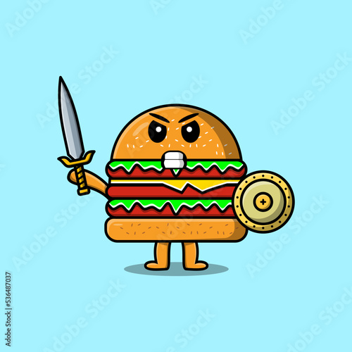 Cute cartoon character Burger holding sword and shield in modern style design