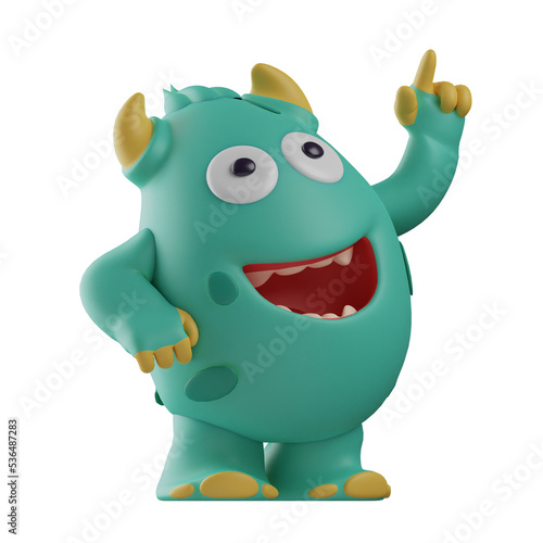  3D illustration. 3D Cute Monster Cartoon Design pointing and looking up. one hand is on the waist. with a happy laughing expression. 3D Cartoon Character
