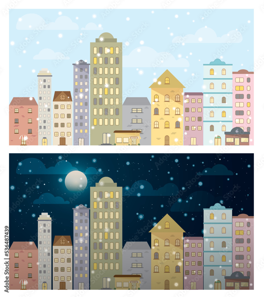 Set of day and night snowfall in town. Cityscape in winter season day and night set. Illustration of a city.