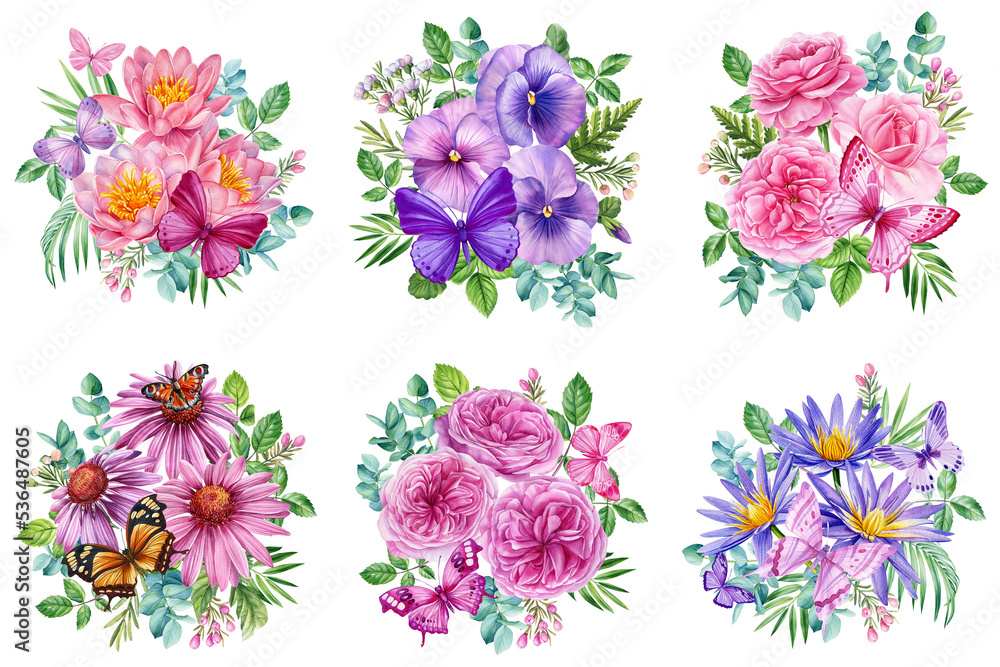 Bouquet with flowers and butterflies, floral Illustration in vintage watercolor style. Flora design. Bouquet with flowers and butterflies, floral Illustration in vintage watercolor style. Flora design.