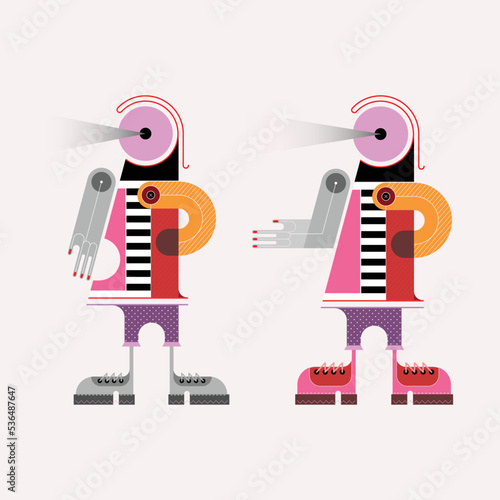 Colored abstract design of a human model isolated on a white background vector illustration. Two options of a full growth portrait of a standing faceless person in strange and ridiculous clothes.