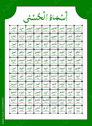 simple vector set complete 99 name of Allah, islam god or asmaul husna, in arabic, latin and indonesia language at white background
