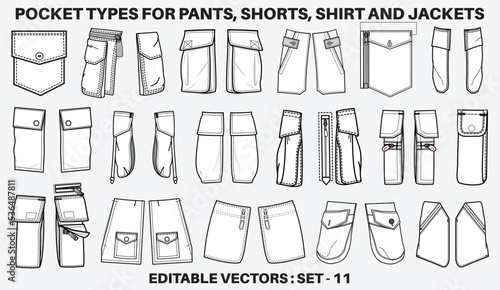 Patch pocket flat sketch vector illustration set, different types of Clothing Pockets for jeans pocket, denim, sleeve arm, cargo pants, dresses, bag, garments, Clothing and Accessories