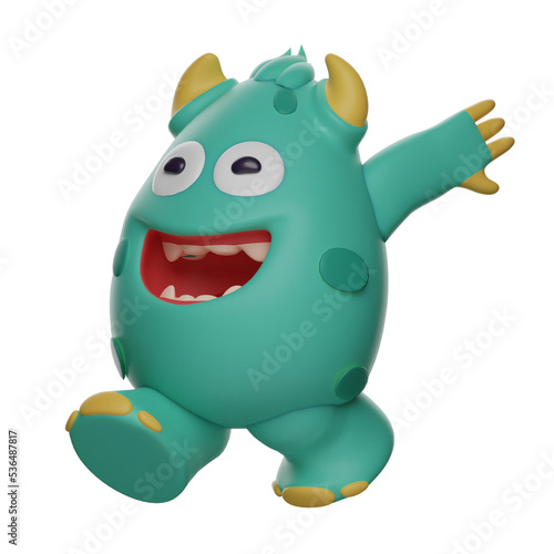 3D illustration. 3D Cute Monster Cartoon Character having a happy expression. walk while swinging your arms backwards. by having two horns on the head. 3D Cartoon Character