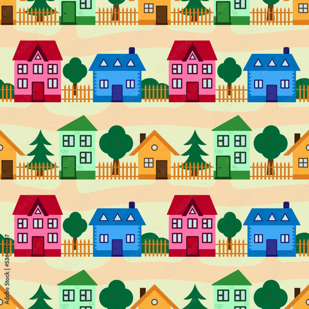 Vector seamless pattern. Colorful houses with roads. Children's design.