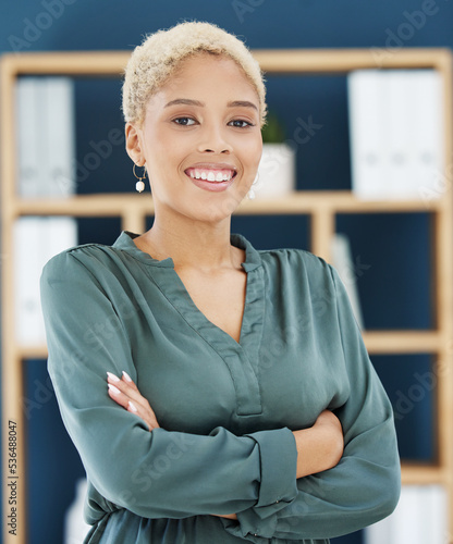 Obraz na plátne Happy, proud and black business woman success of a entrepreneur in a office