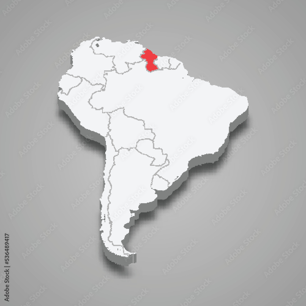 Guyana country location within South America. 3d map Guyana country location within South America. 3d map