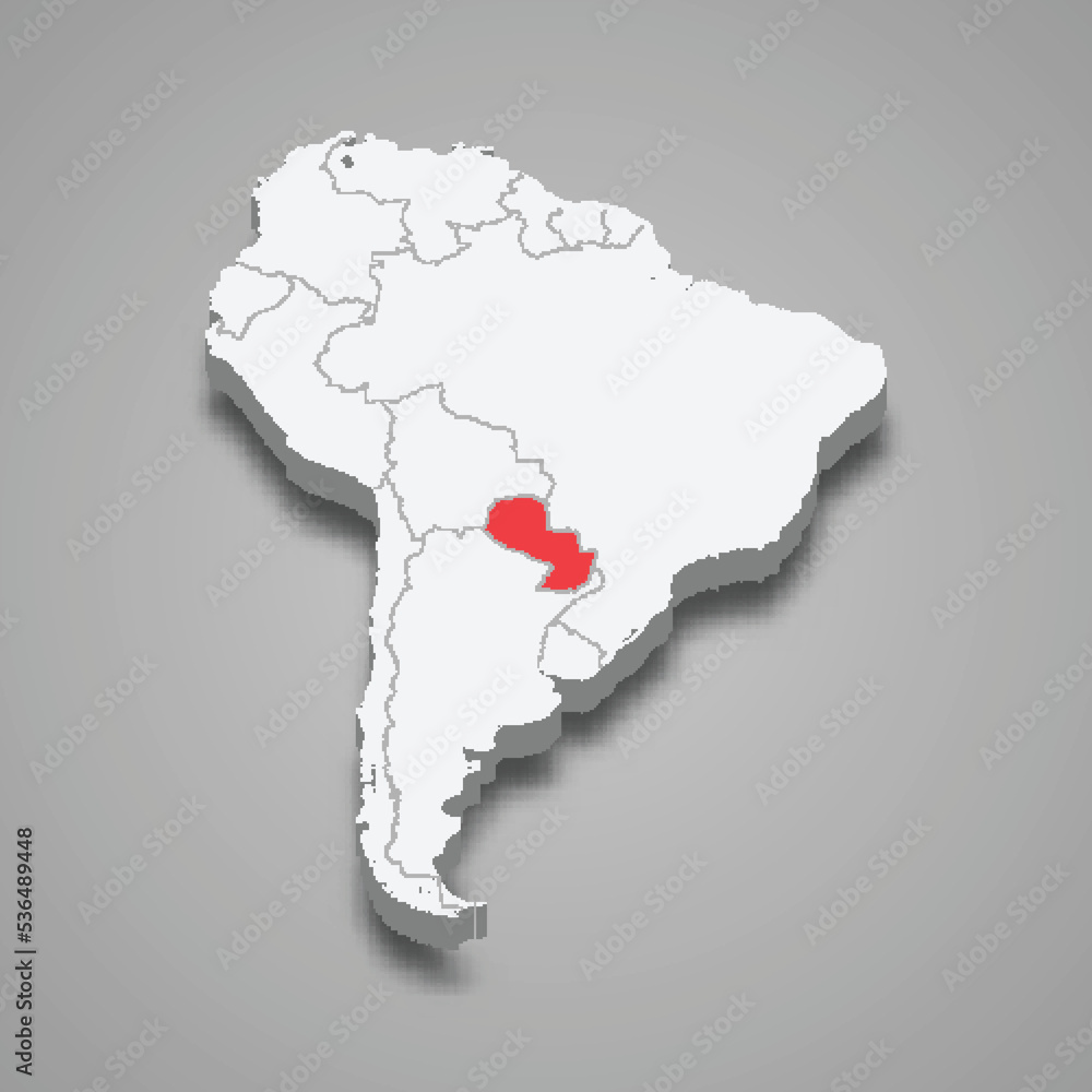 Paraguay country location within South America. 3d map Paraguay country location within South America. 3d map