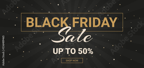 texts black friday sale up to 50 on dark background with stars and shop now button