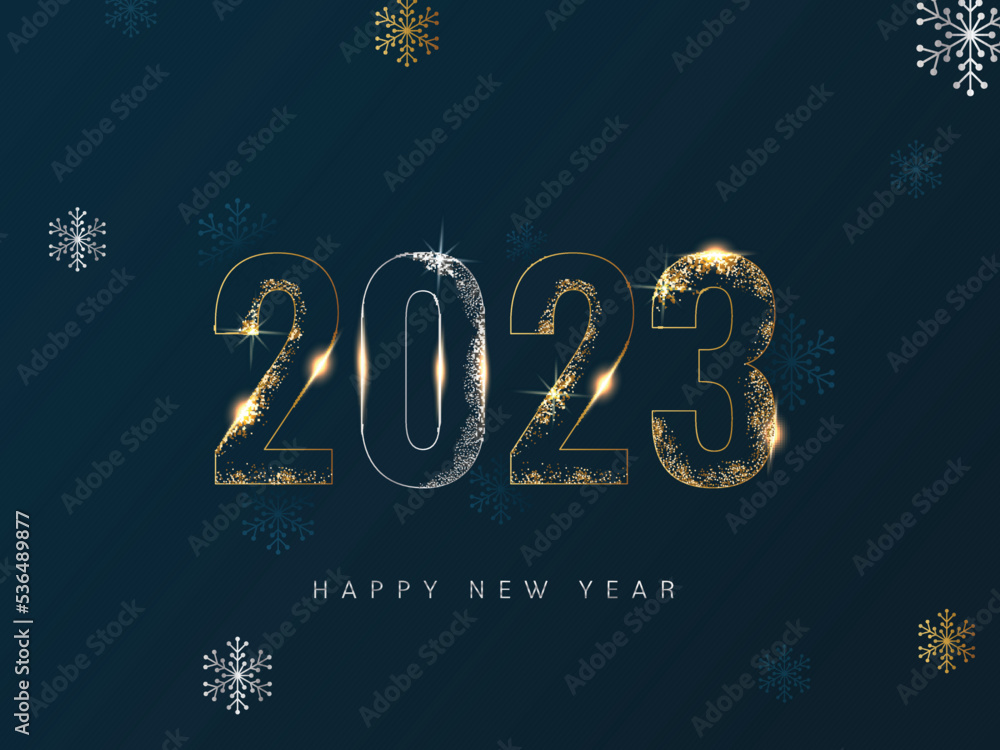 Golden And Silver Glittering 2023 Number With Snowflakes Decorated On Teal Blue Background For Happy New Year Concept.