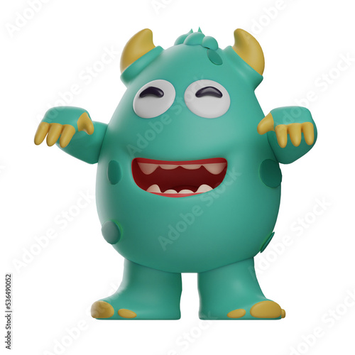 3D illustration. 3D Cute Monster character cartoon as a happy zombie. showing a smile showing teeth. has two horns on the head. 3D Cartoon Character