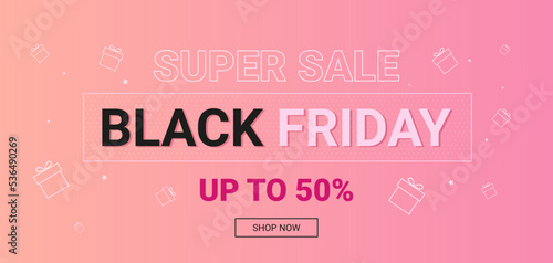 texts black friday super sale up to 50 on a soft pink background with images of stars and flying gifts