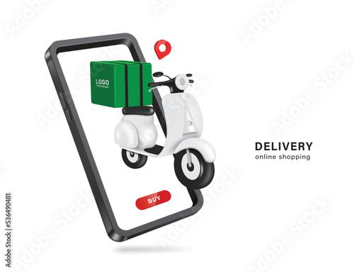 Green food bag or box is placed on a white motorcycle or scooter and all object display on smartphone,vector 3d isolated  on white background for transport,delivery and online shopping concept design