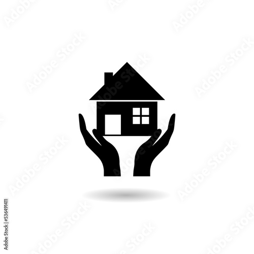 Hand holding house logo icon with shadow