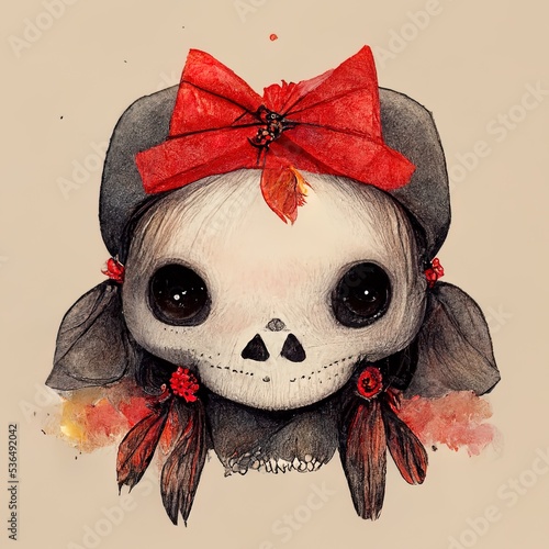 Cute Skull with Red Bow Cockarde -- Minimalist Illustration - Digital Art, 3D Render, Concept Art photo