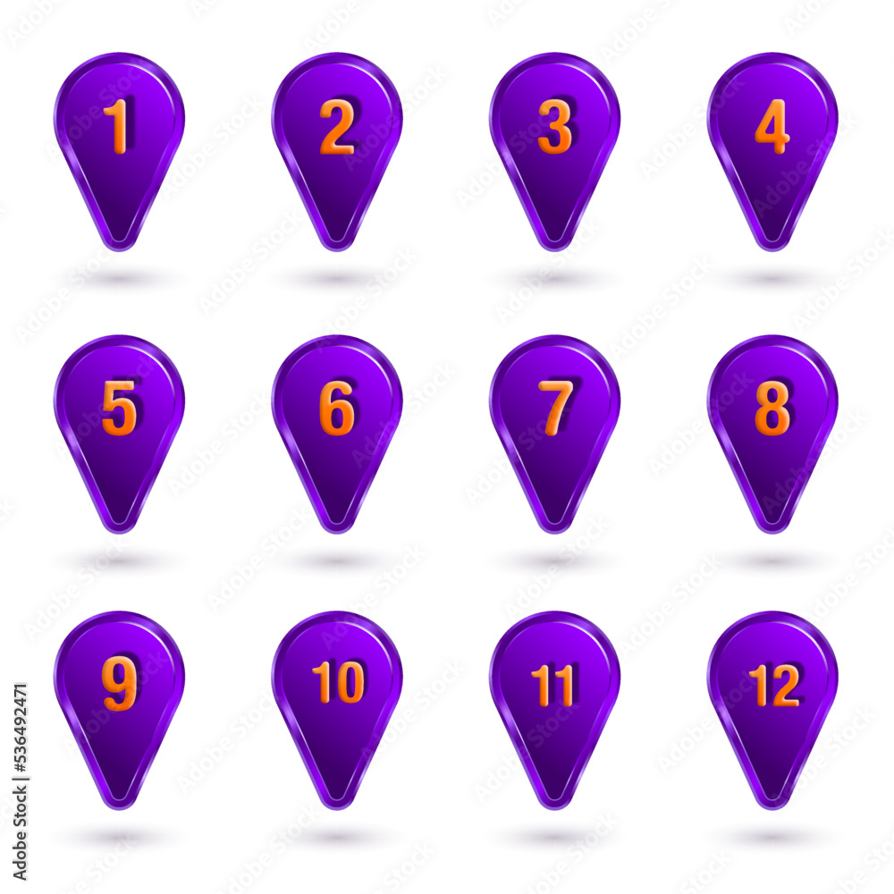 Icon set, pack 12 number pins for map. Number map pins icon set flat design for web and mobile applications. Bright and sparkly purple and orange icons at transparent background. Icon set, pack 12 number pins for map. Number map pins icon set flat design for web and mobile applications. Bright and sparkly purple and orange icons at transparent background.