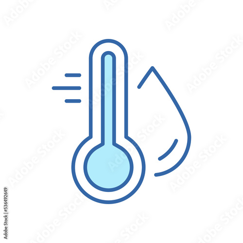 Water Temperature Indicator Line Color Icon. Mercury thermometer and Water Drop Linear Pictogram. Temperature and Humidity Level Outline Icon. Editable Stroke. Isolated Vector Illustration