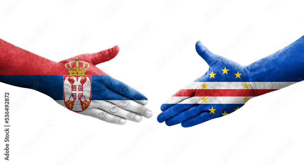 Handshake between Cape Verde and Serbia flags painted on hands, isolated transparent image.