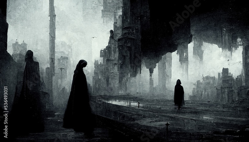 Black and white disappearing shadow city with beautiful architecture and people figures silhouette walking on the street abstract scene apocalyptic cinematic Halloween theme © Little River