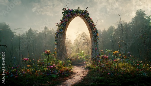 Foto Spectacular archway covered with vine in the middle of fantasy fairy tale forest landscape, misty on spring time