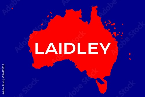 Laidley: Name der australischen Stadt Laidley im Bundesstaat Queensland mit den Umrissen des Landes im Hintergrund photo