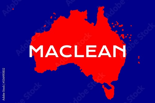 Maclean: Name der australischen Stadt Maclean im Bundesstaat New South Wales mit den Umrissen des Landes im Hintergrund photo