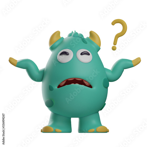 3D illustration. Cute Monster 3D Cartoon has a question. showing a confused expression. arms wide open. 3D Cartoon Character