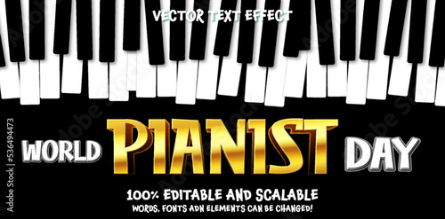 World Piano Day text, Jazz music, poster background template. Editable Gold style text effect. Piano keyboard illustration. Website background, festival event flyer design.