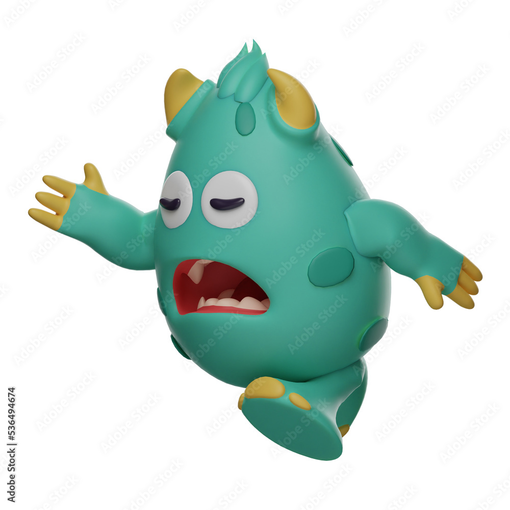  3D illustration. 3D Cute Monster character illustration feeling tired. walk fast. made a strange face. 3D Cartoon Character