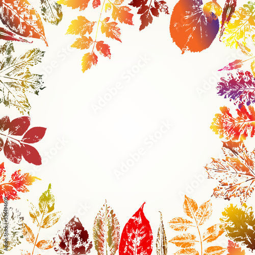 Autumn nature background with colorful leaves imprints. Vector illustration